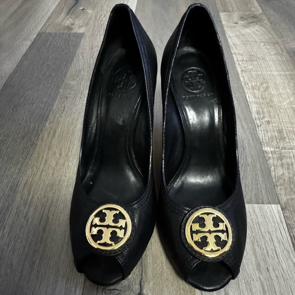 Tory Burch Black and Gold Peep-Toe Wedge Heels
